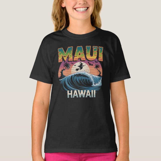 Surfing Witch on Broom Maui Hawaii Halloween T-Shirt (Front)