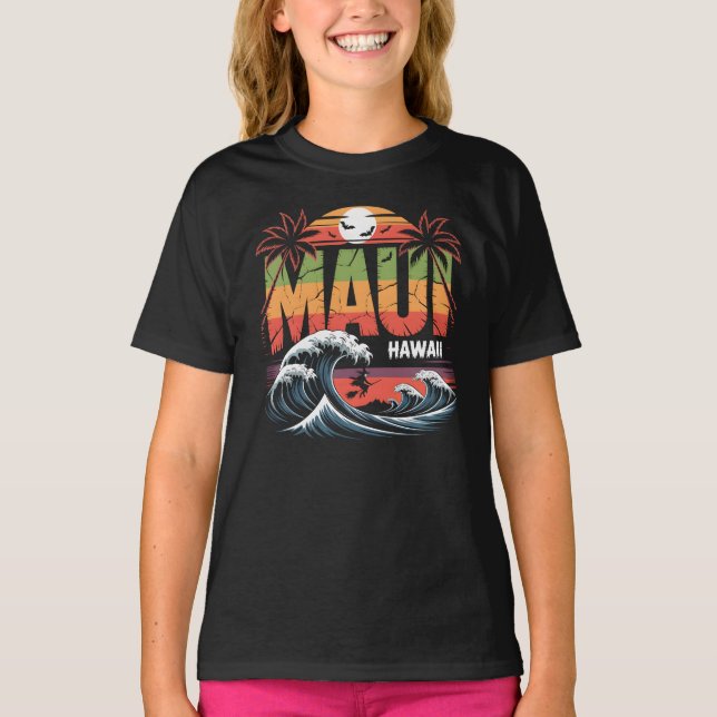 Surfing Witch on Broom Maui Hawaii Halloween T-Shirt (Front)