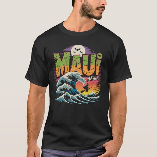 Surfing Witch on Broom Maui Hawaii Halloween  T-Shirt (Front)