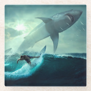 Surfing with Sharks Glass Coaster