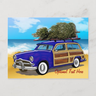 Surfing Woodie with Christmas Tree Holiday Postcard