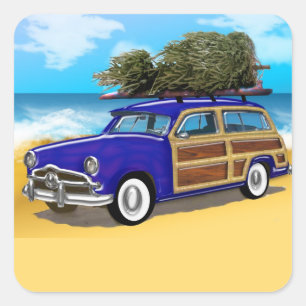 Surfing Woodie with Christmas Tree Square Sticker
