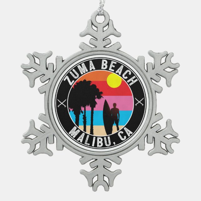 Surfing Zuma Beach Malibu California Surf Snowflake Pewter Christmas Ornament (Front)