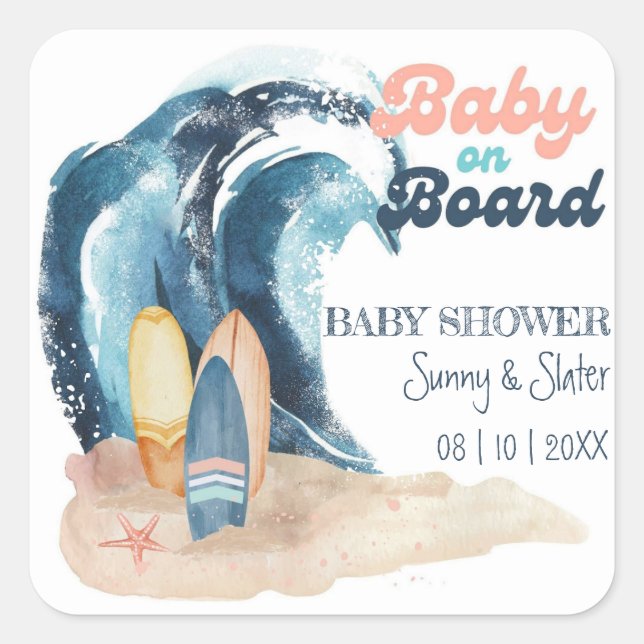 Surf's Up | Baby On Board Beach Baby Shower Square Sticker (Front)