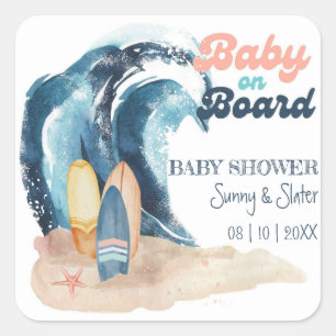 Surf's Up   Baby On Board Beach Baby Shower Square Sticker