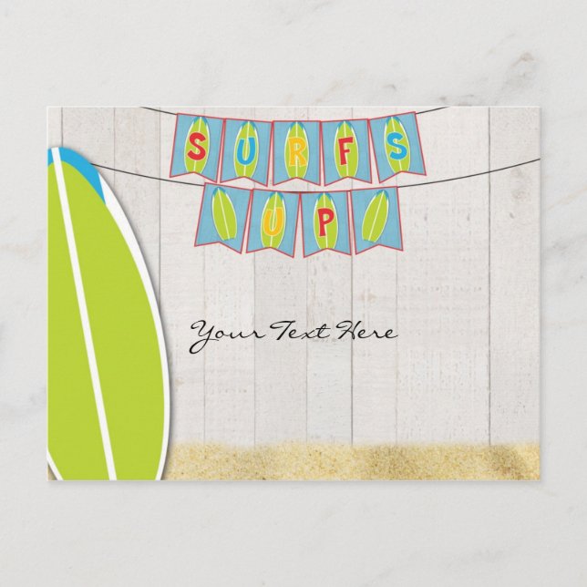 Surfs Up Banner & Board White Wood Beach Party Invitation Postcard (Front)