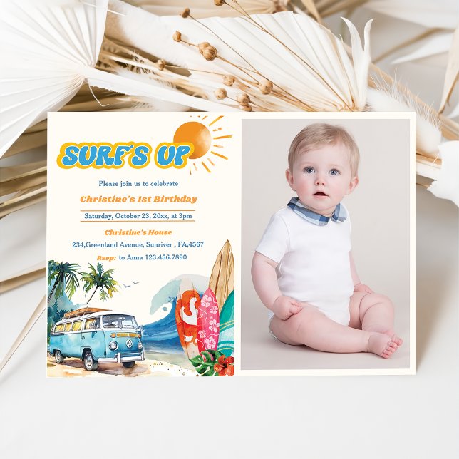 Surfs Up Beach 1st Birthday Photo  Invitation (Creator Uploaded)