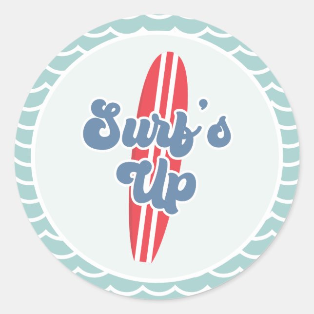 Surfs Up Beach Birthday Classic Round Sticker (Front)