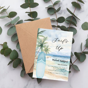 Surf's up beach surfboard boy birthday party invitation
