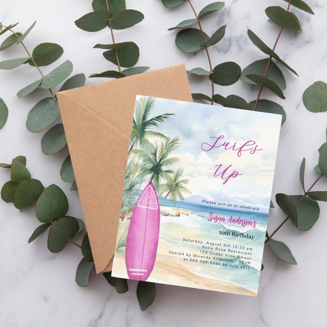 Surf's up beach surfboard girl birthday invitation (Creator Uploaded)