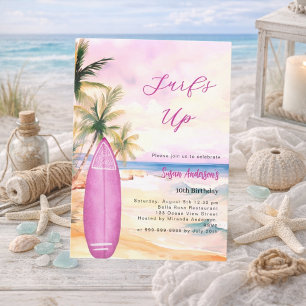 Surf's up beach surfboard pink girl birthday party invitation