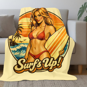 Surf's Up Bikini Pin-Up Retro Surf Shop Graphic Fleece Blanket