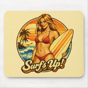 Surf's Up Bikini Pin-Up Retro Surf Shop Graphic Mouse Mat