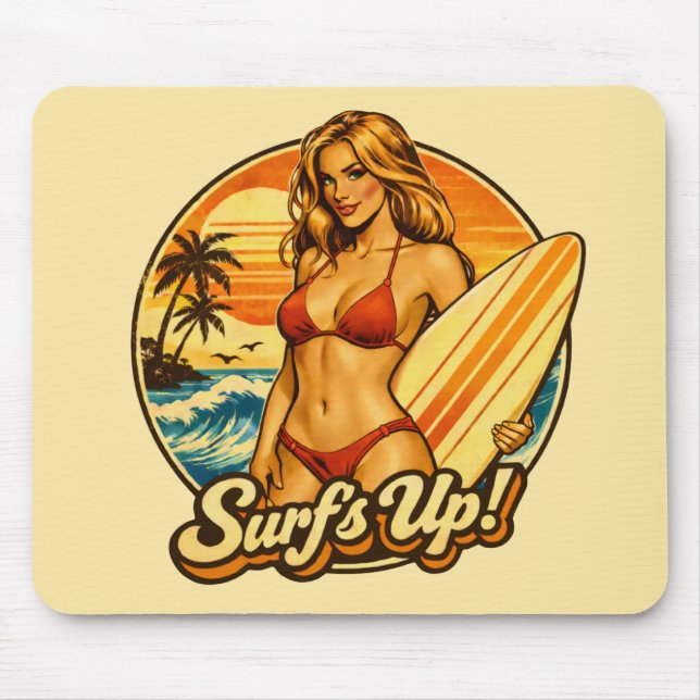 Surf's Up Bikini Pin-Up | Retro Surf Shop Graphic Mouse Mat (Front)