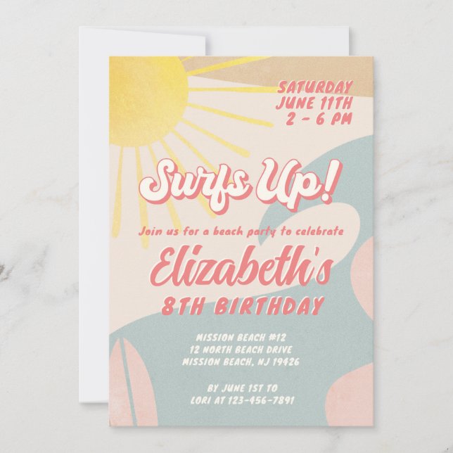 Surf's Up Birthday Invitation Any Age Girl (Front)