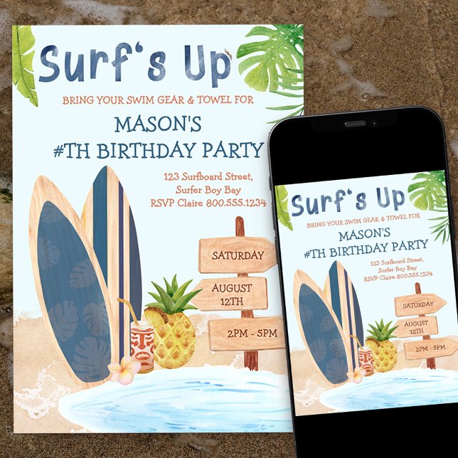 Surfs Up Birthday Party Boys Surfboard Invitation (Creator Uploaded)