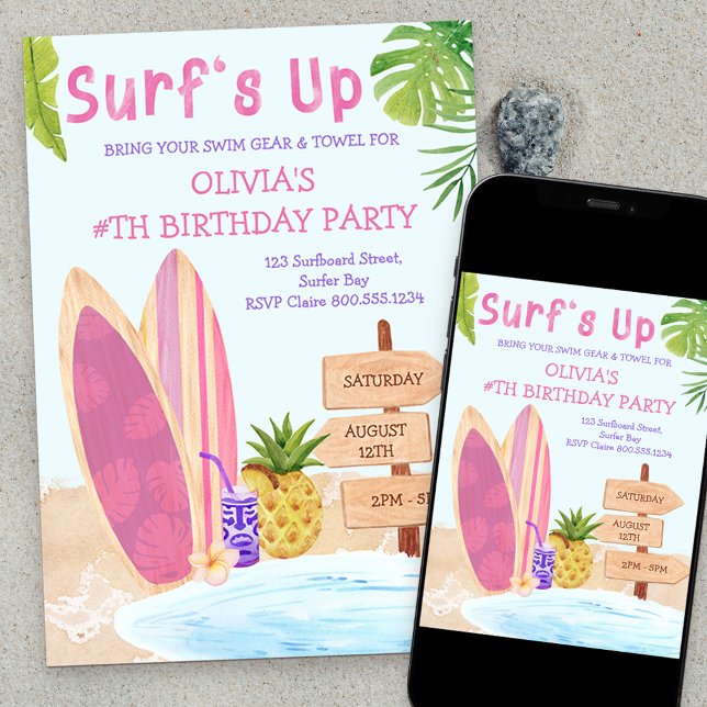 Surfs Up Birthday Party Girls Surfboard Invitation (Creator Uploaded)