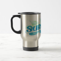 "Surf's Up" blue and green surfers travel mug