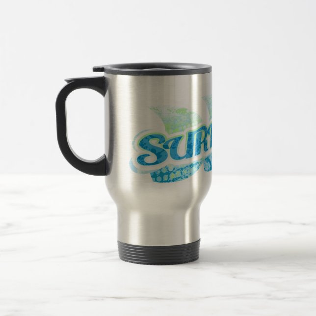 "Surf's Up" blue and green surfers travel mug (Left)