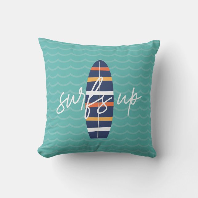 Surfs Up blue surfboard and waves Throw Pillow (Front)