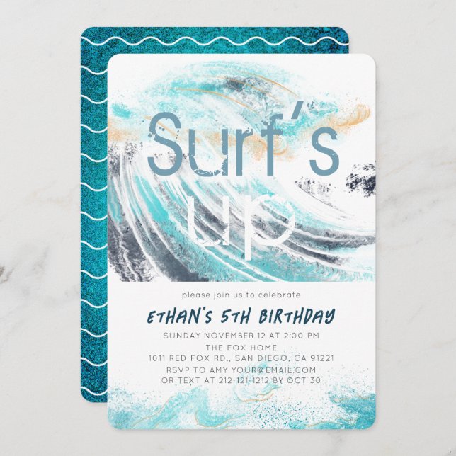 Surf's Up Blue Wave Splash Surfing 1st Birthday  Invitation (Front/Back)