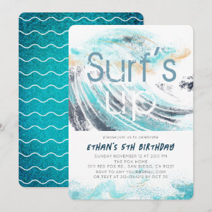 Surf's Up Blue Wave Splash Surfing 1st Birthday  Invitation