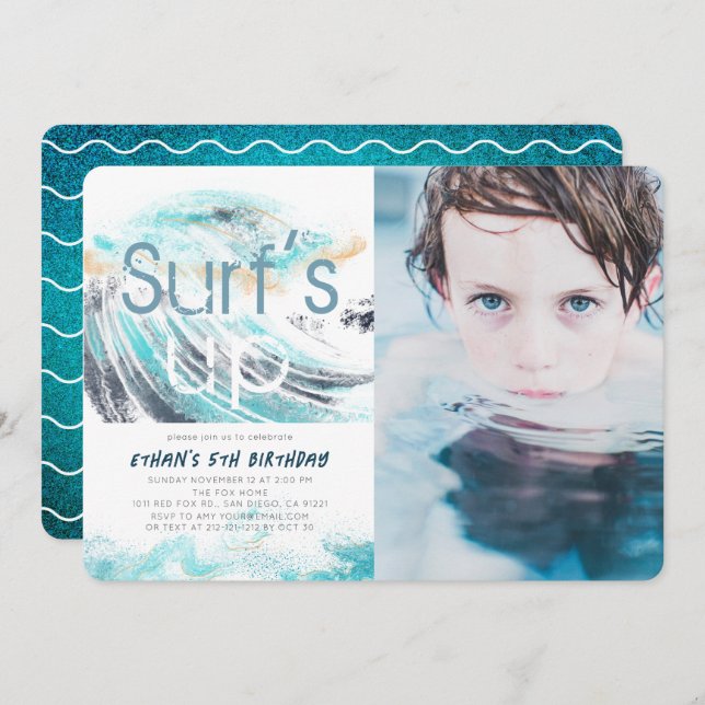 Surf's Up Blue Wave Surfing Birthday Photo Invitation (Front/Back)