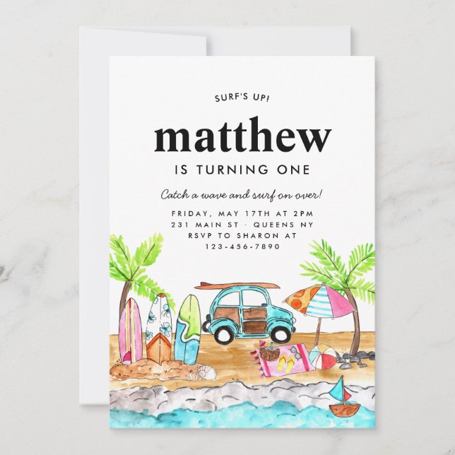 Surf's Up Board Summer Beach Wave Surfing Birthday Invitation (Front)