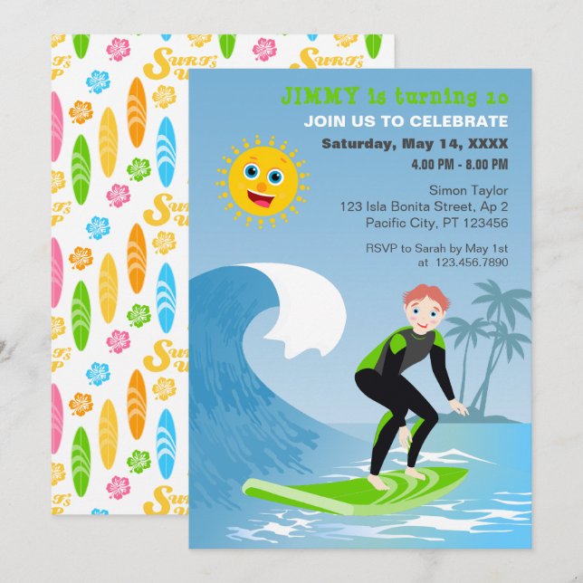 Surf's up boy Birthday Party Invitation (Front/Back)