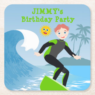 Surf's up boy Birthday Party Square Paper Coaster
