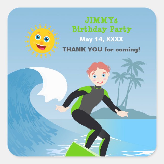 Surf's up boy Birthday Party Square Sticker (Front)