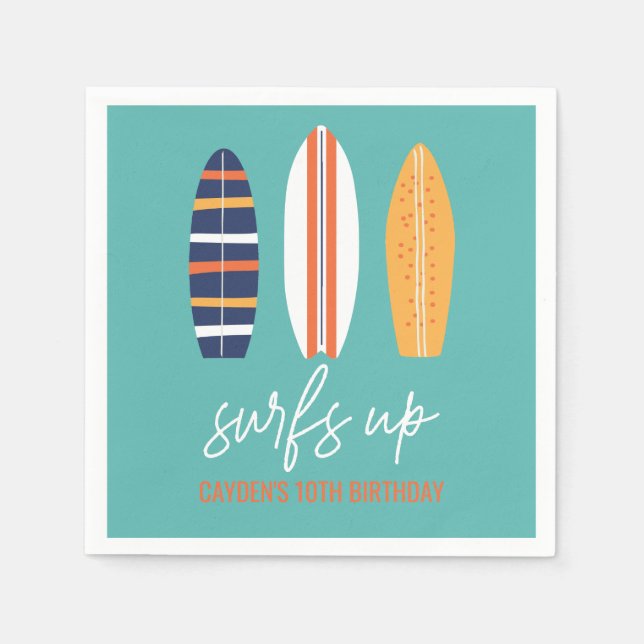 Surfs Up BOY Surfboard beach Birthday Party Napkin (Front)