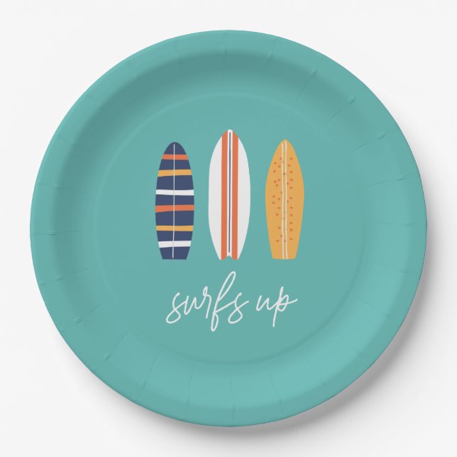 Surfs Up BOY Surfboard beach Birthday Party Paper Plate (Front)
