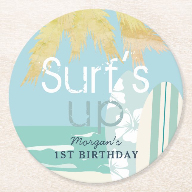 Surf's Up Boy Surfboards Beach 1st Birthday Round Paper Coaster (Front)