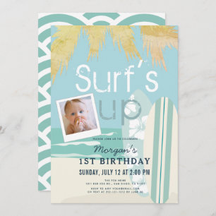 Surf's Up Boy Surfboards Beach Photo 1st Birthday Invitation