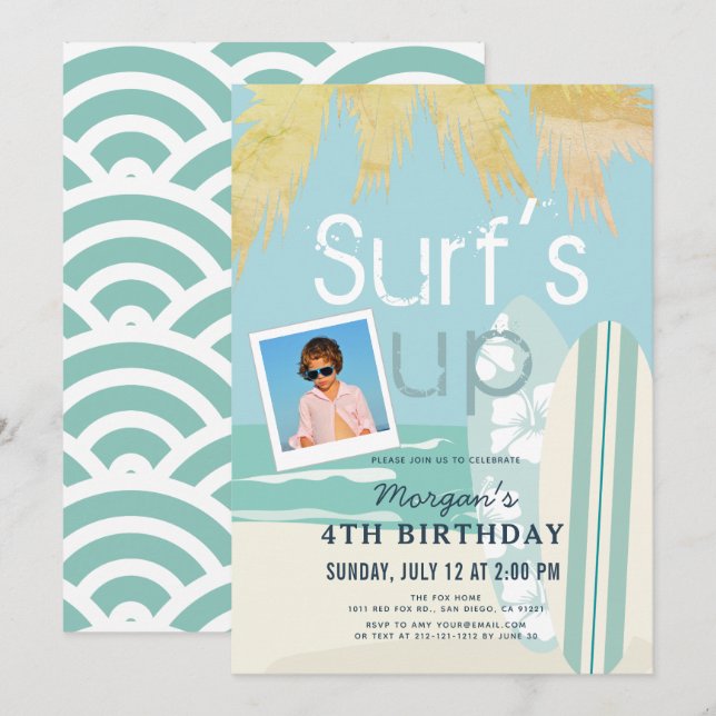Surf's Up Boy Surfboards Beach Photo Birthday Invitation (Front/Back)