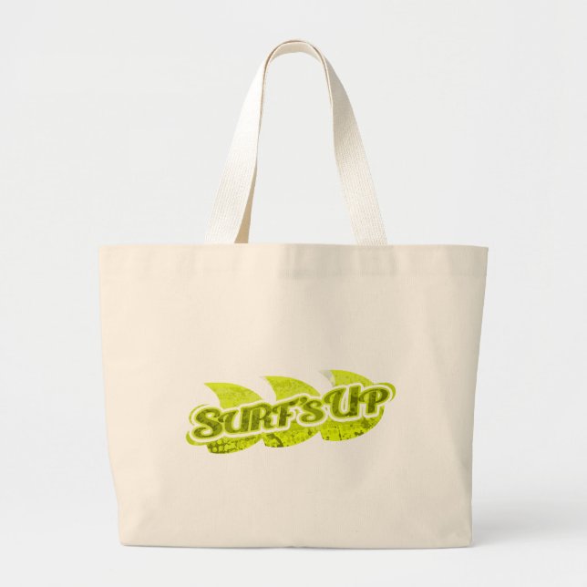 "Surf's Up" bright green blue surfers tote bag (Front)