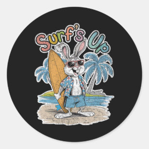 Surfs Up Bunny Rabbit Surfer Surf Board Summer Ret Classic Round Sticker