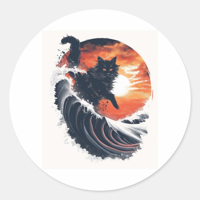 Surf's Up Cat Classic Round Sticker (Front)