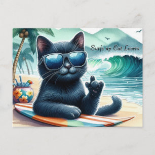 Surfs up Cat Lovers Cool Black Cat Postcard