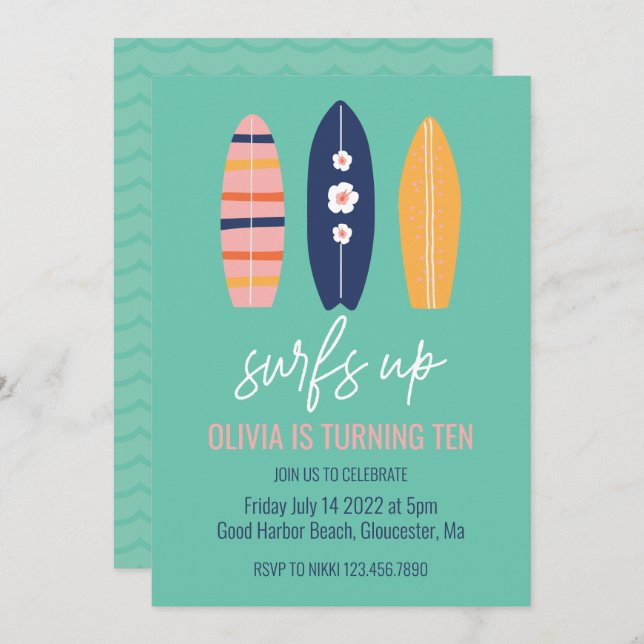 Surfs Up Girl Surfboard beach Birthday Party Invitation (Front/Back)