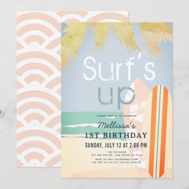 Surf's Up Girl Surfboards Beach 1st Birthday Invitation (Front/Back)