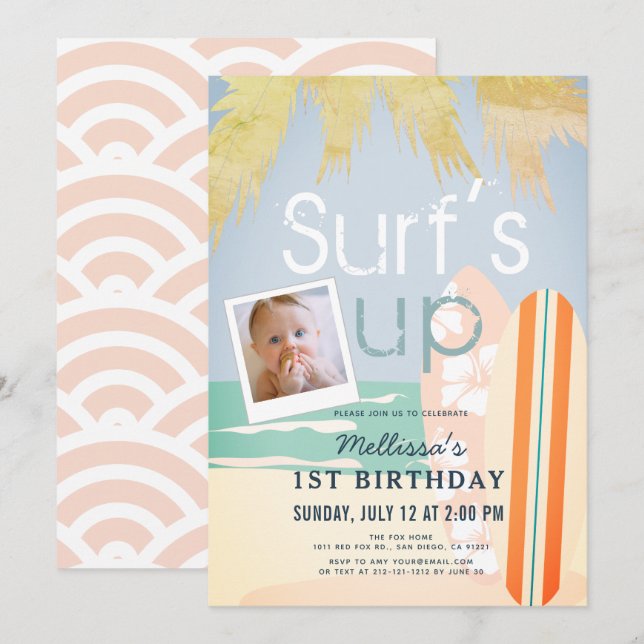 Surf's Up Girl Surfboards Beach Photo1st Birthday Invitation (Front/Back)