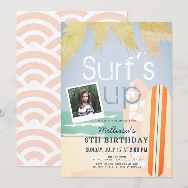 Surf's Up Girl Surfboards Beach Photo Birthday Invitation (Front/Back)