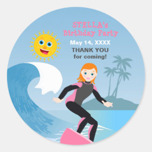 Surf's up Girly Birthday Party Classic Round Sticker