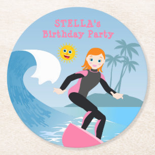 Surf's up Girly Birthday Party Round Paper Coaster