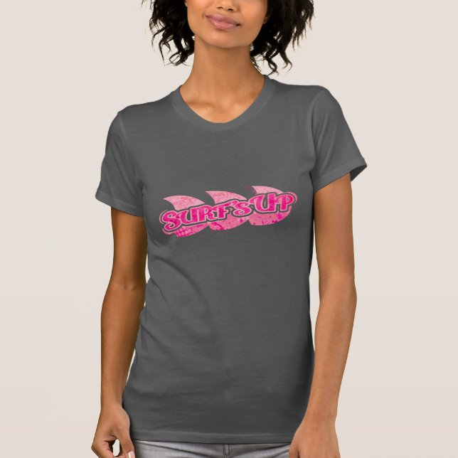 Surf's Up ladies bright pink waves on brown tee (Front)
