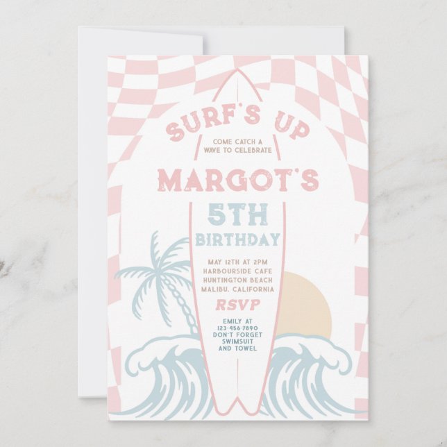Surf's Up Modern Surfboard Beach Birthday Party Invitation (Front)