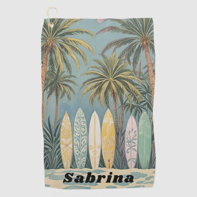 Surf's Up, Pastel Style Personalised Golf Towel (Front)
