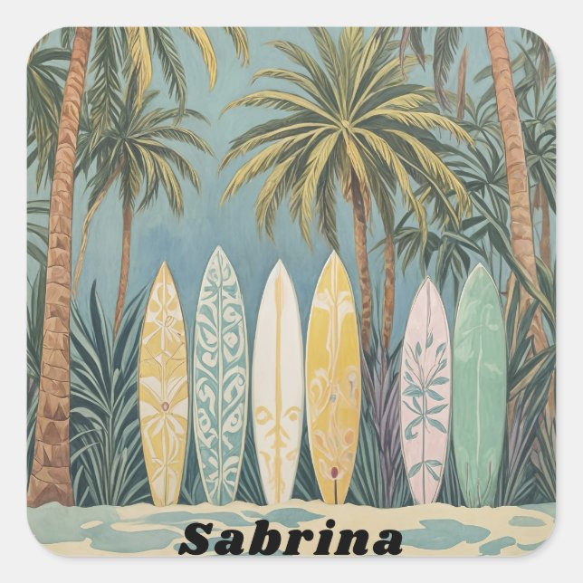 Surf's Up, Pastel Style Personalised Square Sticker (Front)